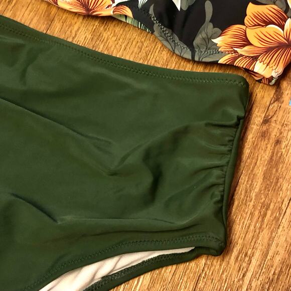 Cupshe Dark Green Floral One Shoulder Ruffle High Waisted Bikini Set Size Small - Picture 8 of 14
